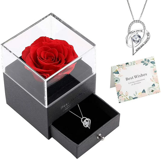 "Eternal Love Gift Set: Preserved Real Rose and Sterling Silver Love Necklace for Mom, Complete with Luxury Jewelry Box - Perfect Mother's Day Gift!"