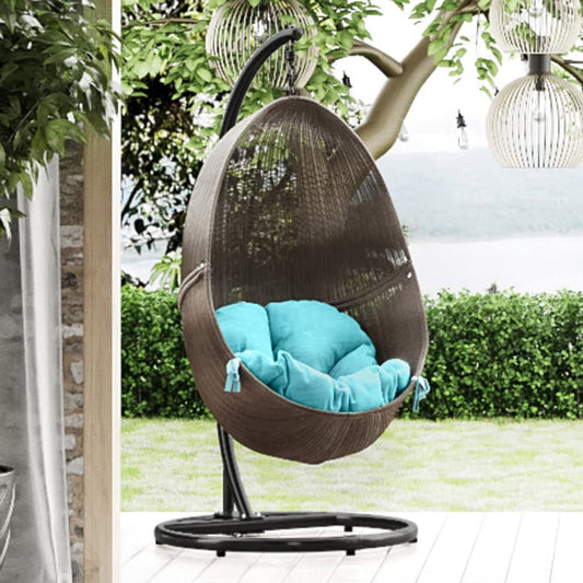 Modern Bali Espresso Basket Swing Chair Teal Cushion with Stand