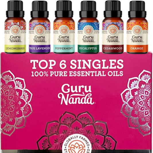 Guru Nanda (Set of 6) Therapeutic Grade Essential Oils - 100% Pure & Natural Aromatherapy Single Notes for Oil Diffusers & Topical Use - Lavender, Peppermint, Eucalyptus, Orange, Lemongrass, Cedarwood