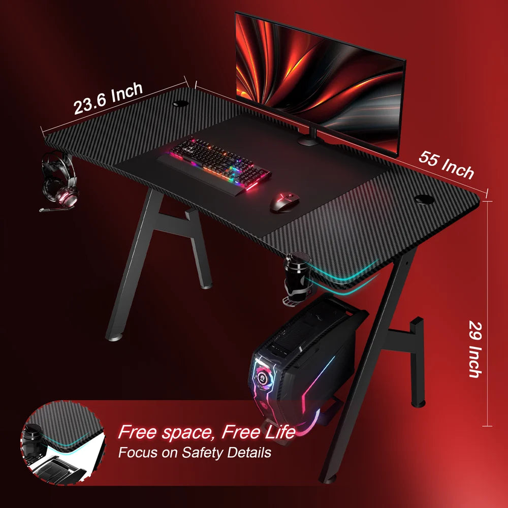 55 Inch Gaming Desk with Carbon Fibre Surface Large Computer Desk Gaming Table Ergonomic Pc Gaming Workstation Home Office Desks with Cup Holder & Headphone Hook