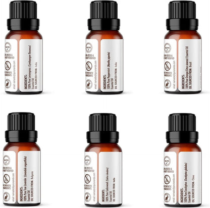 Guru Nanda (Set of 6) Therapeutic Grade Essential Oils - 100% Pure & Natural Aromatherapy Single Notes for Oil Diffusers & Topical Use - Lavender, Peppermint, Eucalyptus, Orange, Lemongrass, Cedarwood